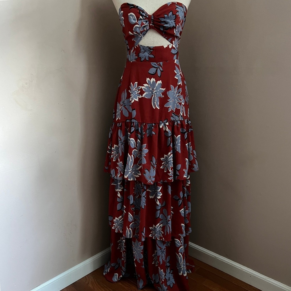 Fashion Nova Burgundy Strapless Floral Tier Maxi Dress Coquette Wedding Guest M